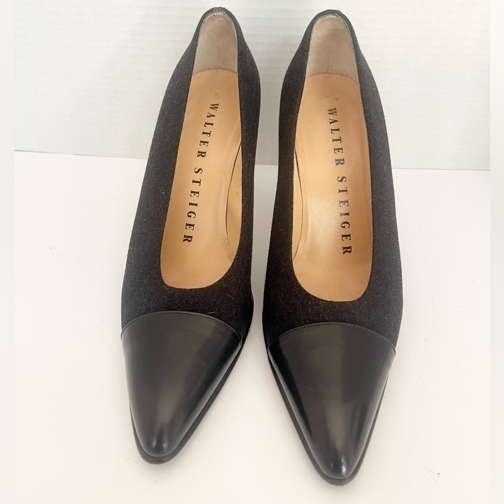 Walter Steiger Black Patent and Gray Wool Heels